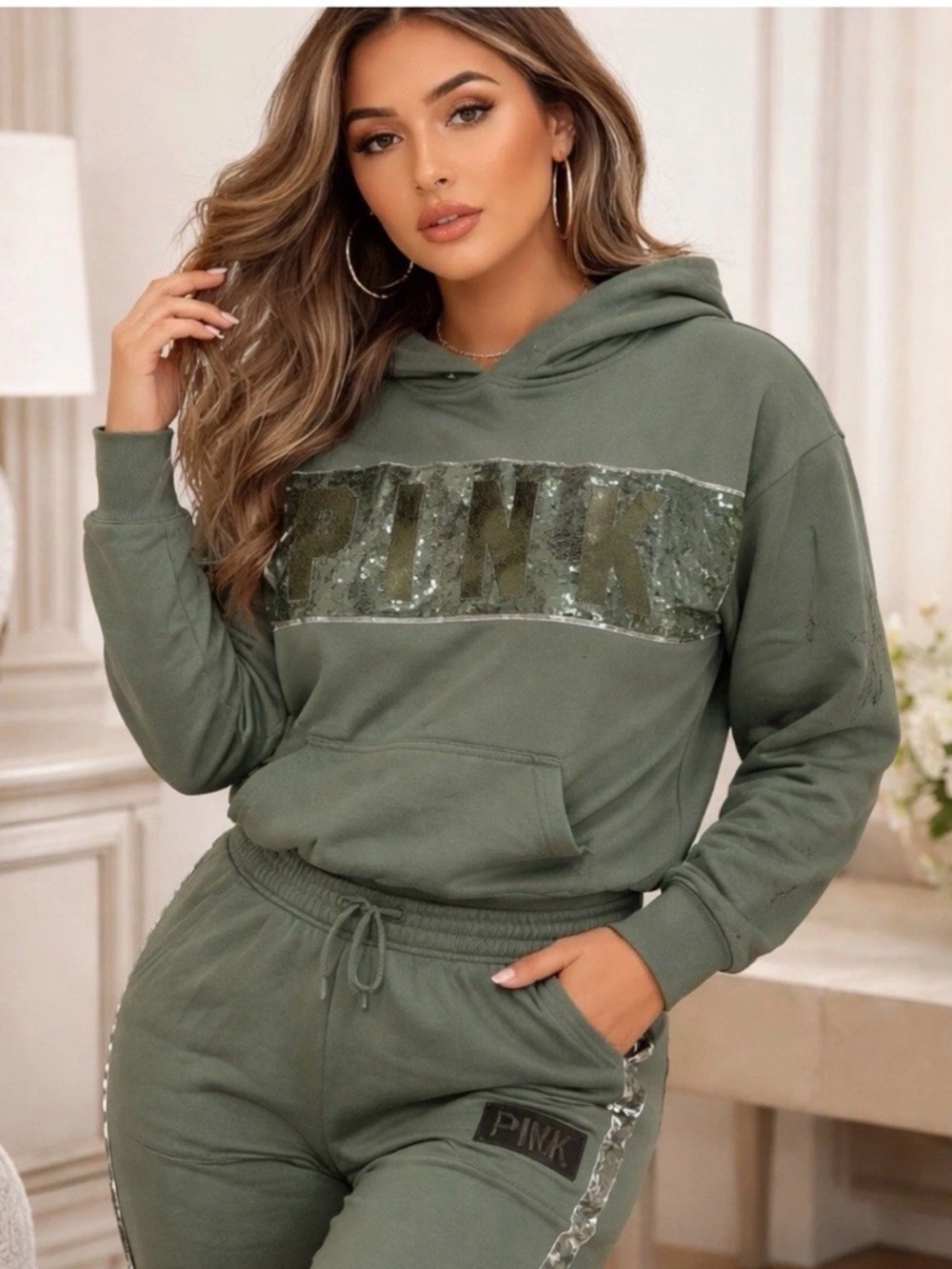 Victoria’s Secret PINK Olive Green Tracksuit Set Hoodie Pants Size S